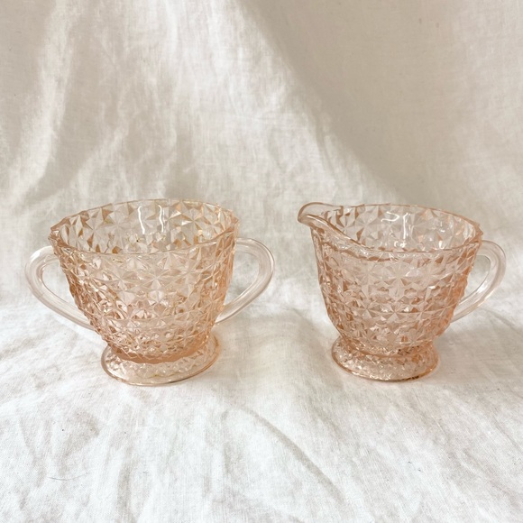Jeannette Holiday Button and Bows Pink Depression Glass Creamer and Sugar 1940s - Picture 2 of 10